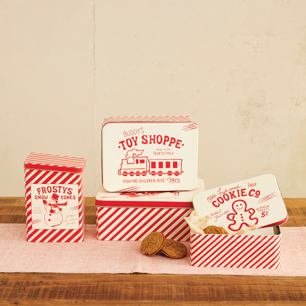 Vintage Christmas Striped Metal Storage Tin | 3 Styles