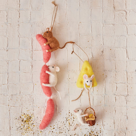 Handmade Wool Felt Mice Sausage & Cheese Ornament | 2 Styles