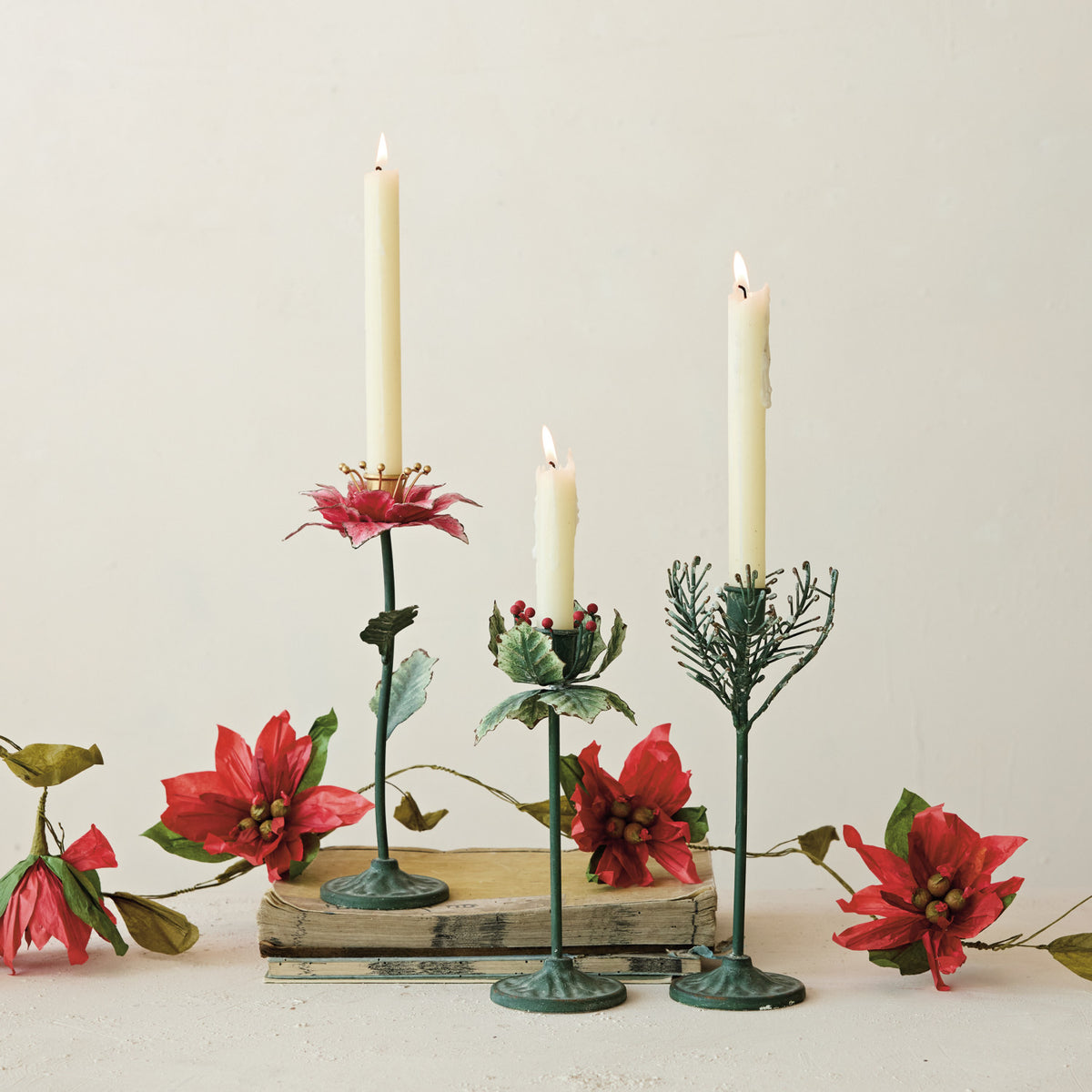 Metal Poinsettia Taper Candle Holder