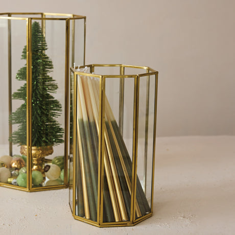 Antique Brass & Glass Octagon Candle Holders