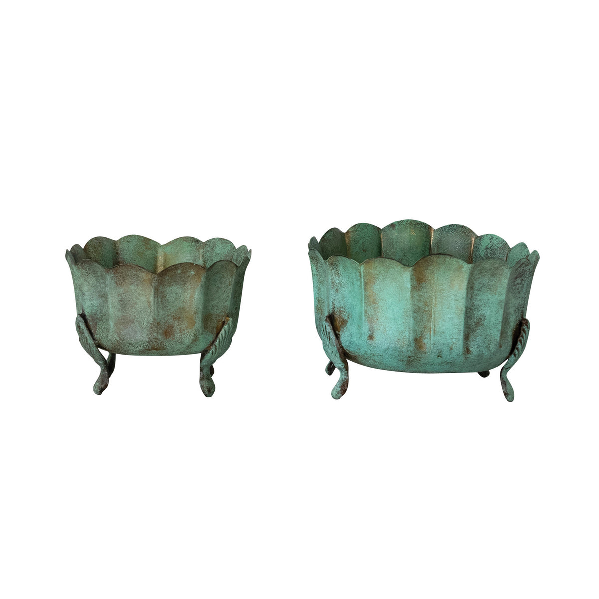 Verdigris Scalloped Footed Metal Planters