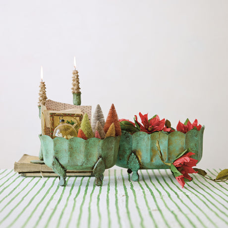 Verdigris Scalloped Footed Metal Planters