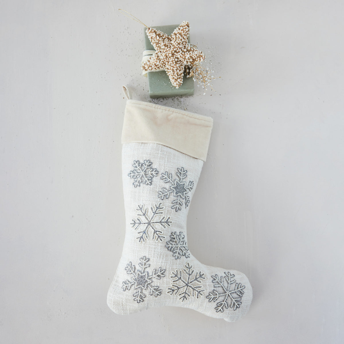 Beaded Snowflake Stocking with Velvet Cuff