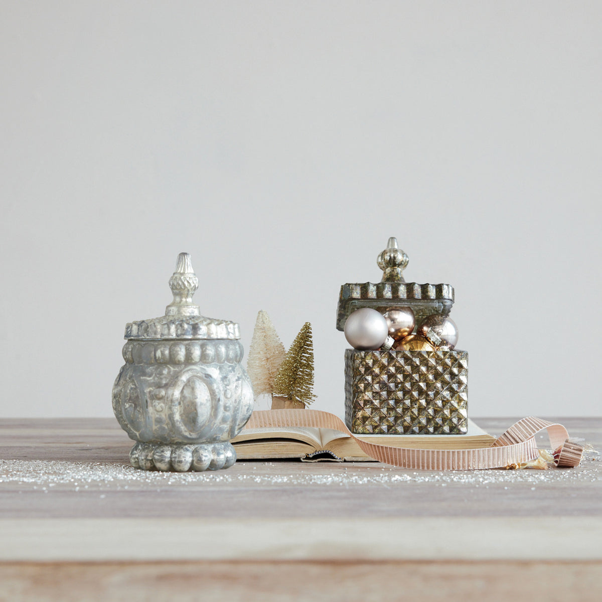Antique Silver Mercury Glass Container with Lid
