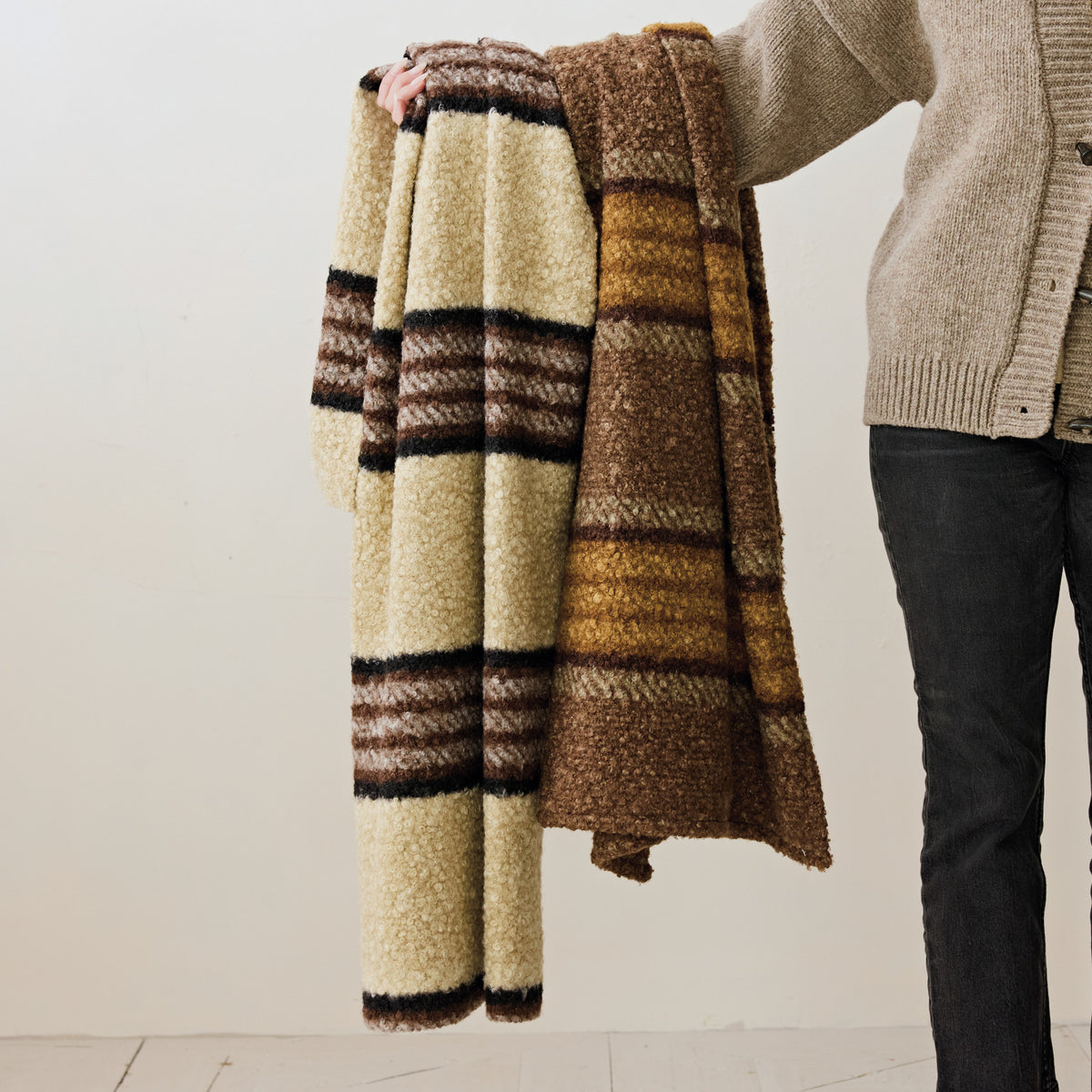 Cream & Grey Striped Faux Sherpa Throw Blanket