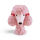 Pink ceramic poodle head vase with sculpted curly fur, floppy ears, red bows, and black eyes and nose