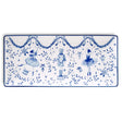 Rectangular white ceramic tray with blue ballerinas, a central nutcracker, leafy garlands, bows, stars, and a thin blue border