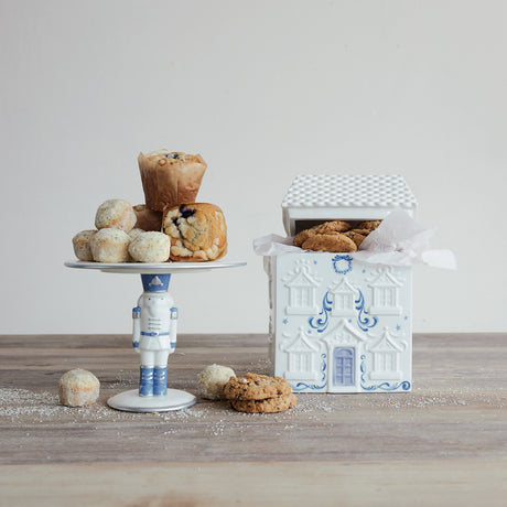 Blue & White Ceramic House Cookie Jar