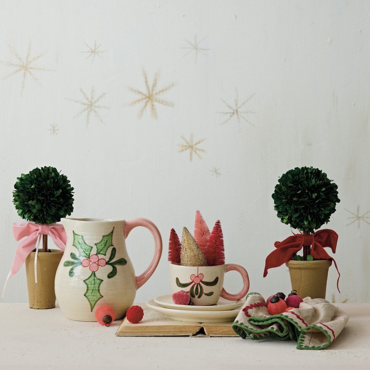 Dried Boxwood Topiary with Red Velvet Bow