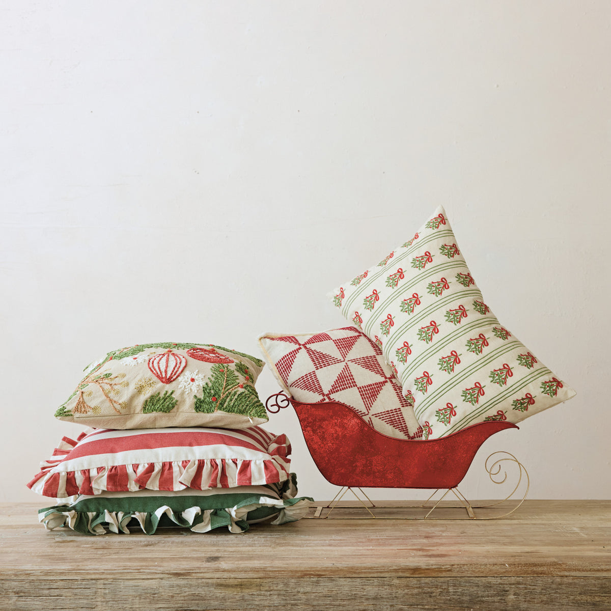 Embroidered Pine & Ornaments Christmas Throw Pillow