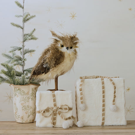 Brown & White Faux Fur Owl Figurine