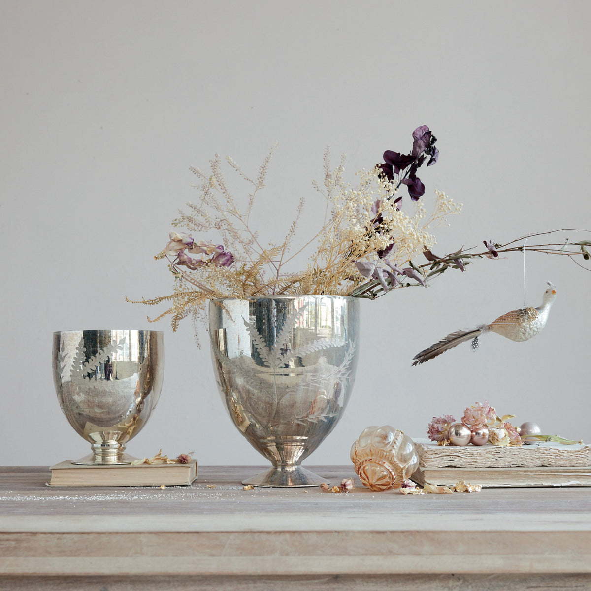 Antique Silver Etched Mercury Glass Footed Vase