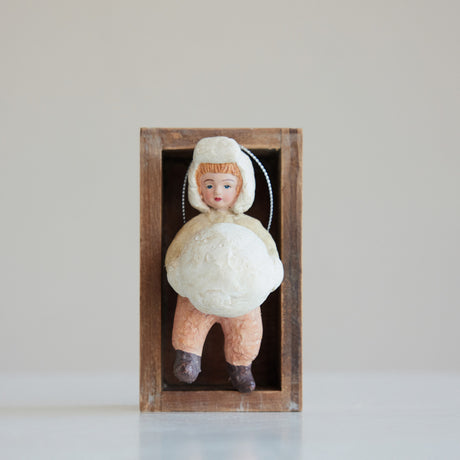 Vintage Inspired Boy Holding Snowball Ornament