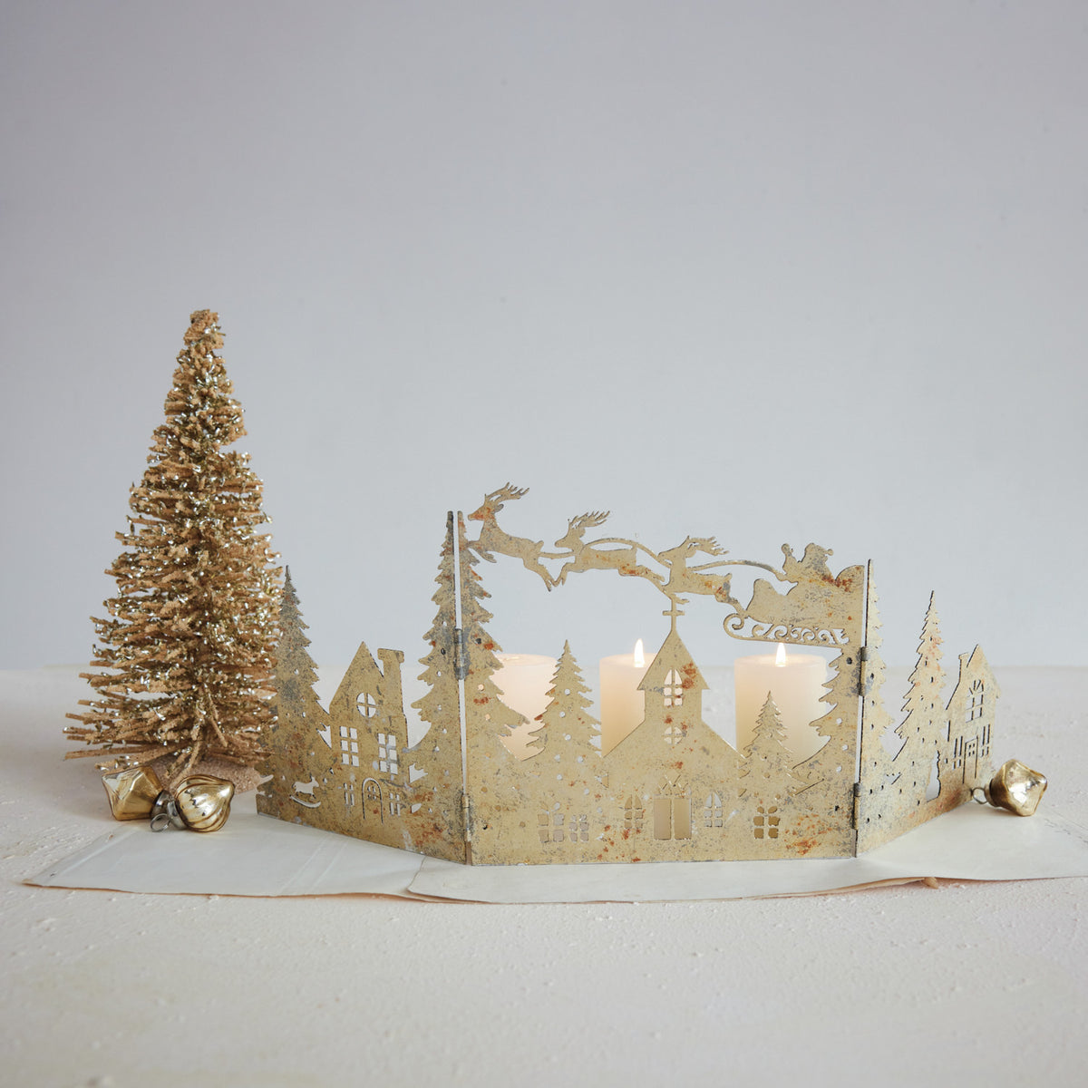 Distressed Gold Santa & Village Folding Mantel Scene