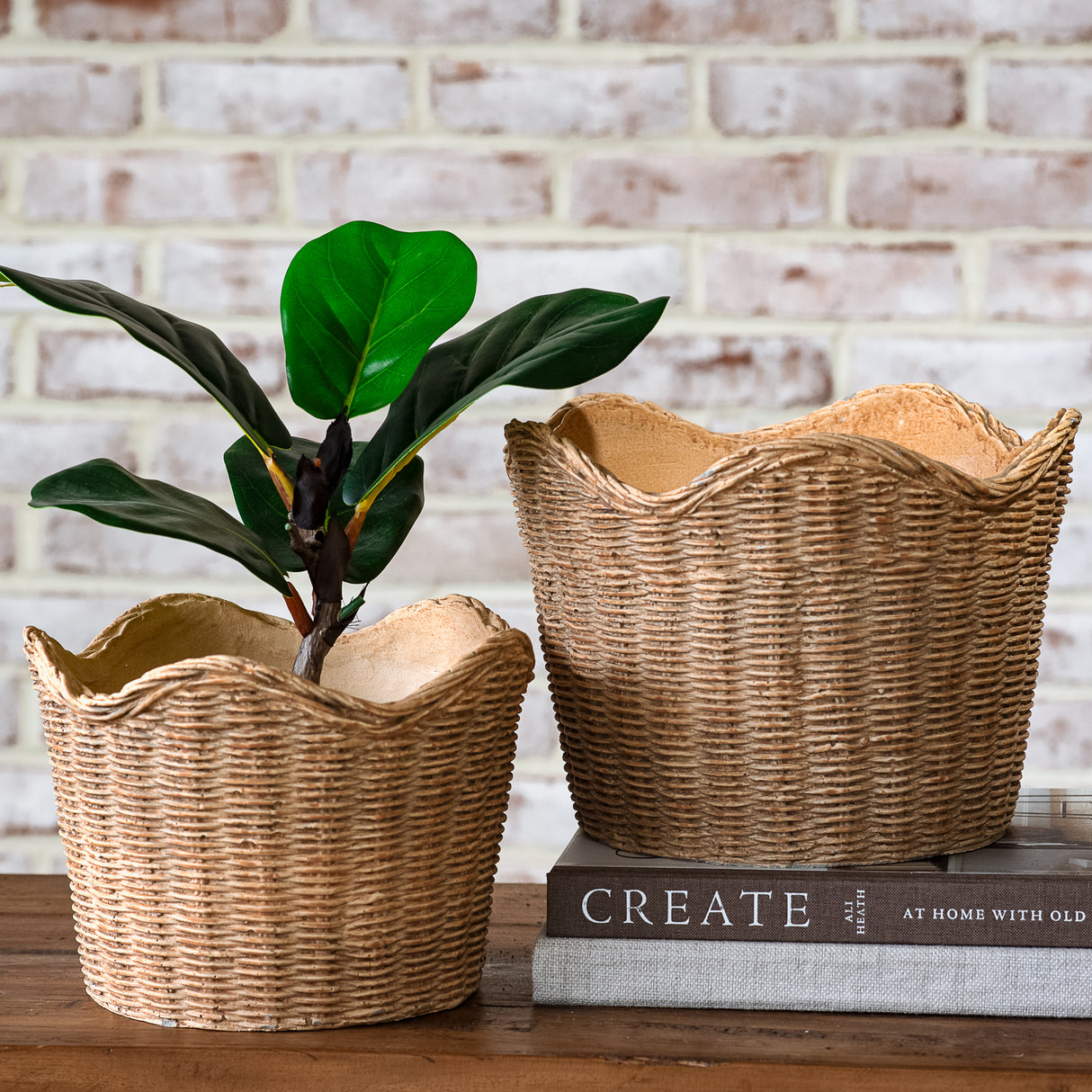Basket Weave Scalloped Cement Planter