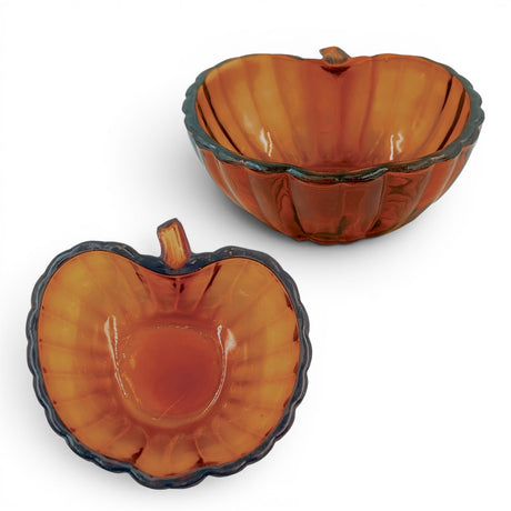 Amber hand-blown glass pumpkin shaped serving bowl with ribbed sides