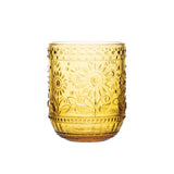 amber pressed glass tumbler with floral pattern for vintage style drinkware and table setting
