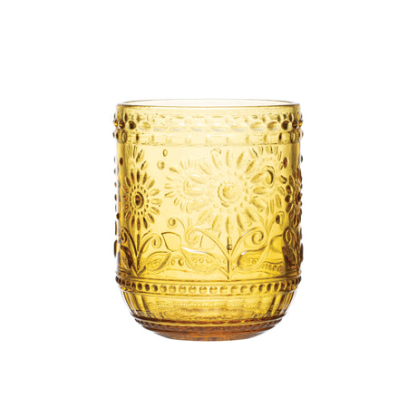 amber pressed glass tumbler with floral pattern for vintage style drinkware and table setting
