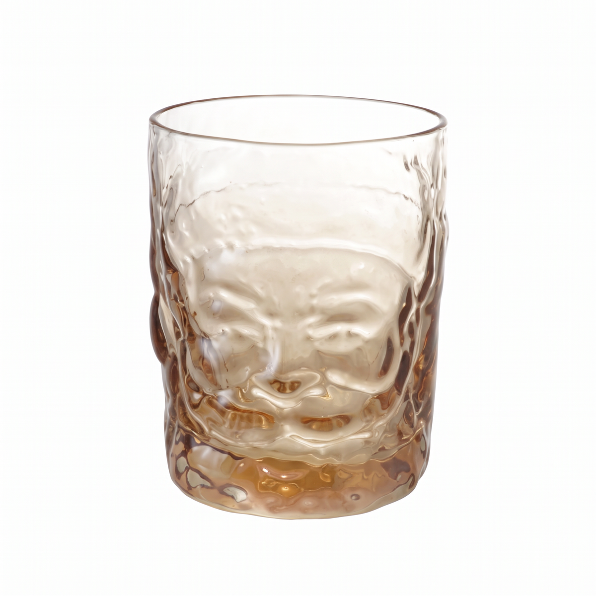 Amber-tinted drinking glass with a sculpted Santa face, hat, mustache, and beard beneath a round open rim