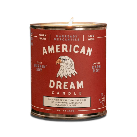 American Dream soy candle with bourbon vanilla, bergamot, and sandalwood scent from Manready Mercantile Americana Series