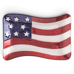 american flag glass plate hand painted patriotic serving tray with raised stars red white and blue decor