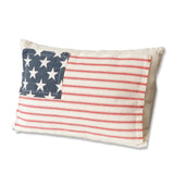 Rectangular American flag throw pillow with red stripes, navy blue patch with white stars, and a vintage-inspired design.