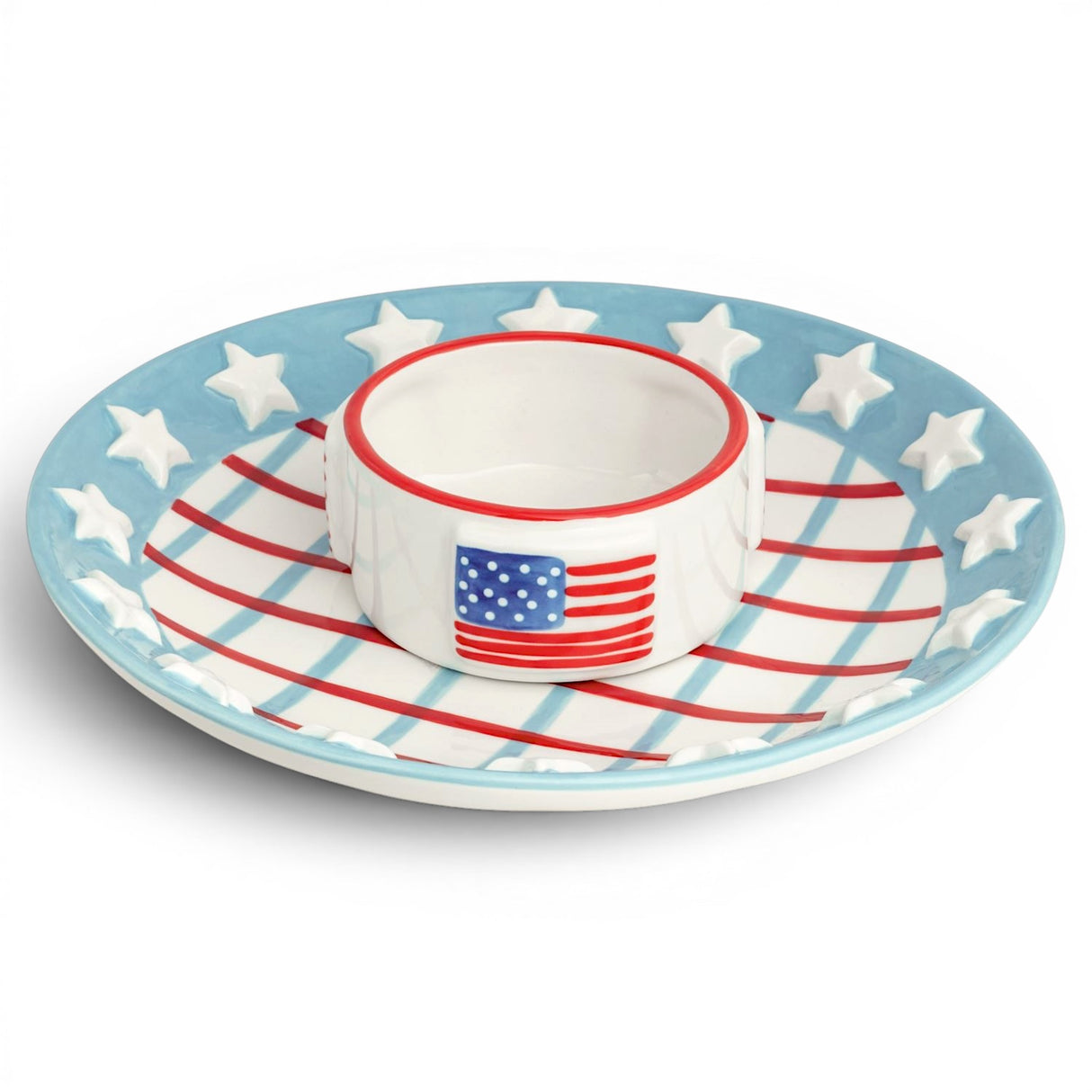 patriotic chip and dip serving set americana dolomite platter with star border and dip cup