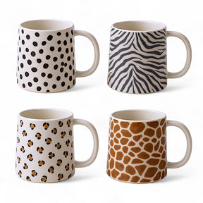 14 oz stoneware mugs with animal print decals in zebra, cheetah, giraffe, and Dalmatian patterns.
