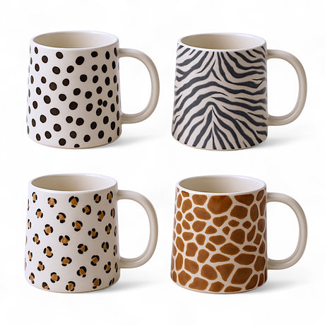 14 oz stoneware mugs with animal print decals in zebra, cheetah, giraffe, and Dalmatian patterns.