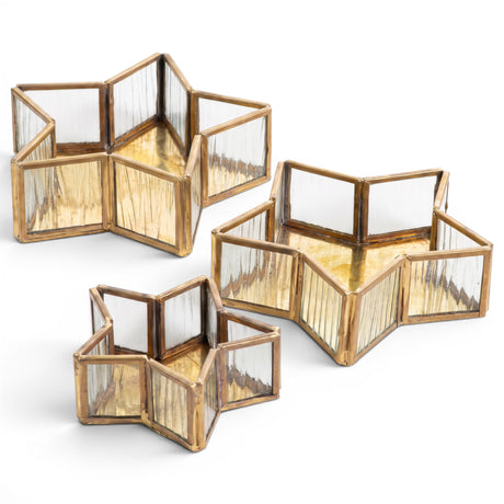 Glass star table trays with antique brass metal frames in three sizes
