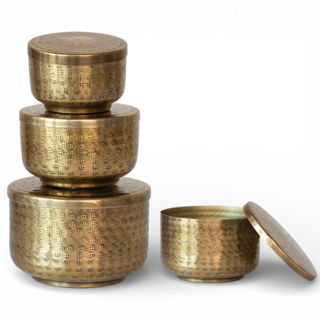 gold hammered aluminum lidded containers antique brass finish decor