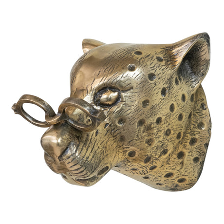 Antique brass leopard head wall décor with eyeglasses, cast aluminum, 10-inch