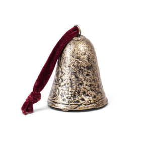 Antique gold metal Christmas bell with burgundy velvet loop