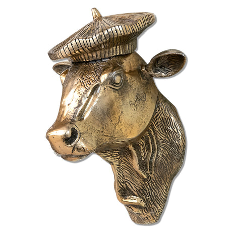antique gold cast aluminum cow head wall decor with beret