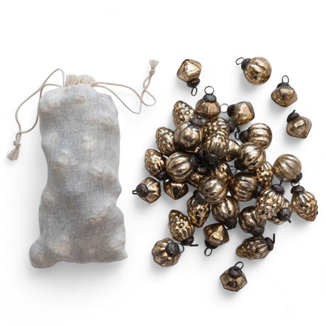 Set of 36 antique gold embossed mercury glass ornaments with muslin bag