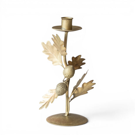 Antique gold metal taper candle holder with oak leaves and acorns