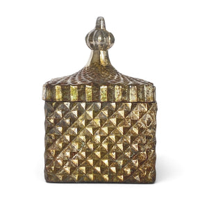 Square embossed mercury glass container with a coordinating lid and antique pewter finish.