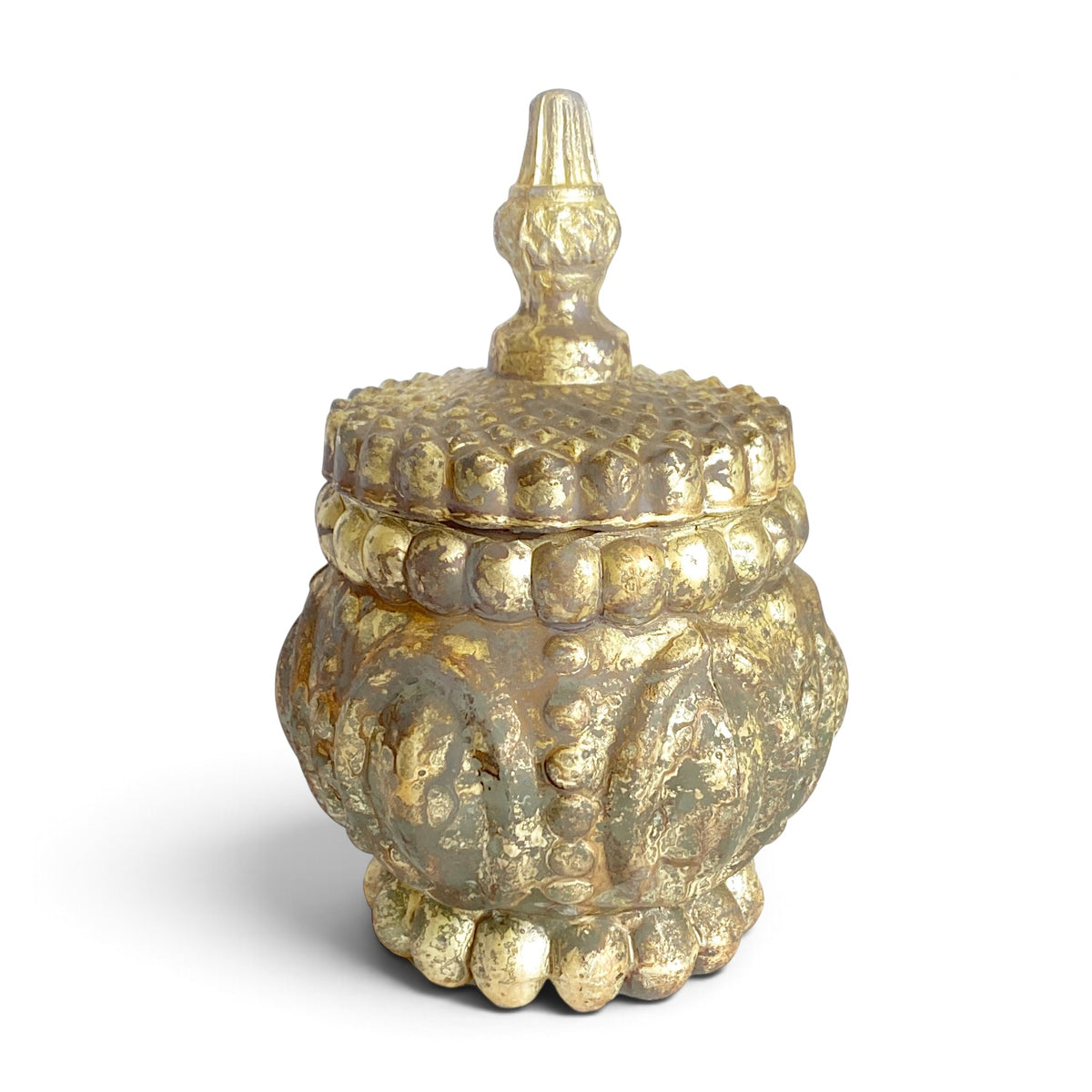 Embossed mercury glass container in an antique silver finish with a rounded body and matching finial lid shown beside it.