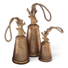 Antiqued gold metal Christmas bells with deer finials, twine hangers and wooden clappers in three sizes