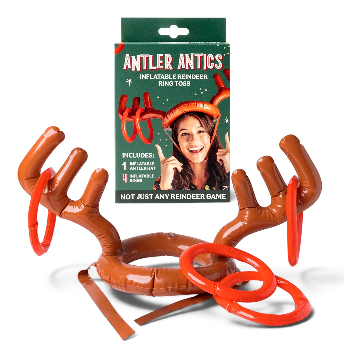Antler Antics inflatable reindeer ring toss Christmas game with a brown wearable antler hat and four red inflatable rings
