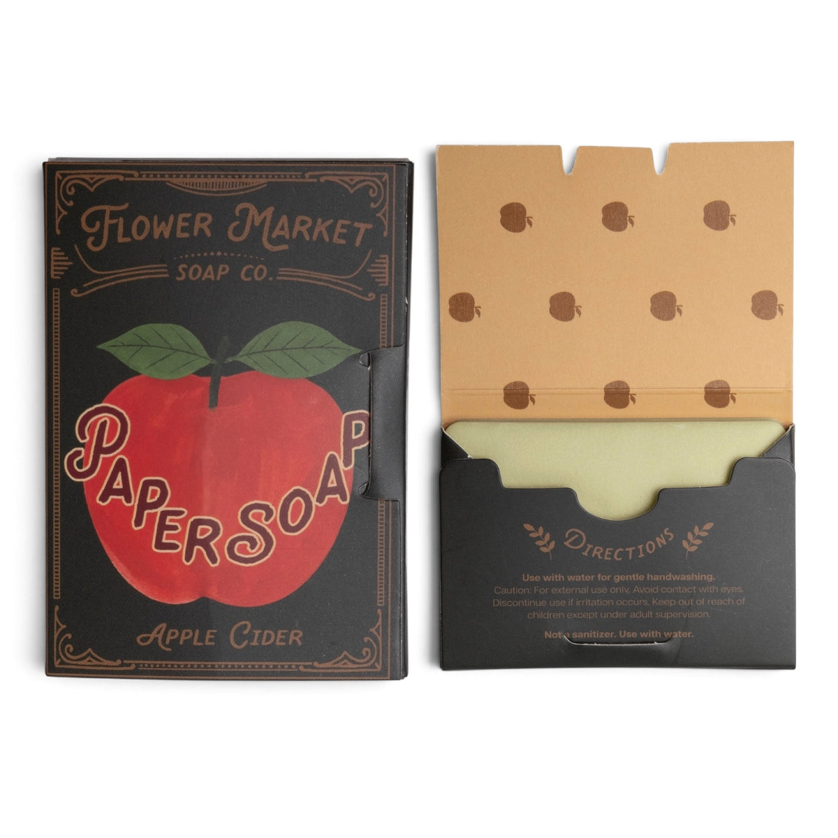 Flower Market Apple Cider paper soap booklet with a red apple illustration, vintage-style lettering, and 50 dissolving soap sheets