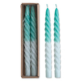 Set of two 10-inch twisted taper candles in aqua ombre and mint, unscented with a 7-hour burn time.