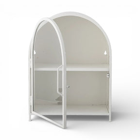 white arched metal wall cabinet with glass door display shelf