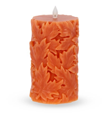 Orange Engraved Leaf LED Flameless Pillar Candle | 2 Sizes