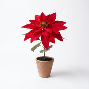 Artificial red poinsettia arrangement in a rustic cement pot for Christmas farmhouse holiday home décor.
