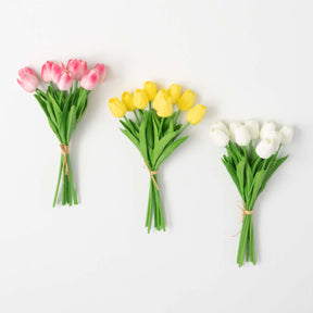Faux tulip bundles in pink, yellow, and white