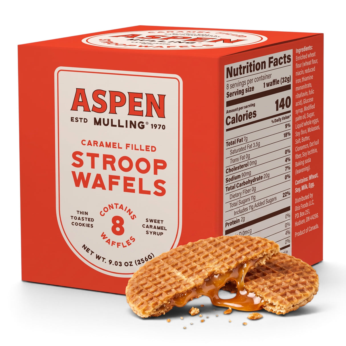 Aspen Mulling caramel-filled stroopwafels in an 8-count red box with individually wrapped waffle cookies