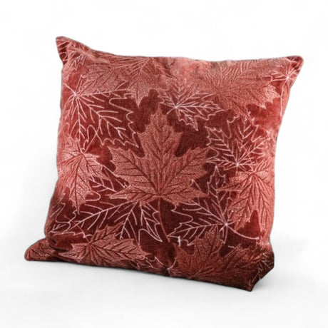 18x18 auburn cotton velvet pillow with embroidered fall leaves pattern