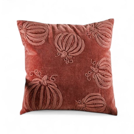 18x18 auburn cotton velvet pillow with embroidered pumpkins pattern