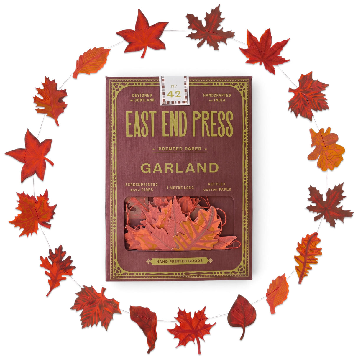 East End Press autumn leaves sewn paper garland with 20 hand-printed fall leaves